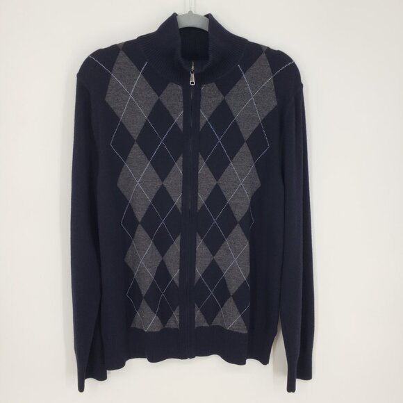 Banana Republic Argyle Plaid Merino Wool Zip Up Cardigan Sweater L Mens Navy - Picture 1 of 8